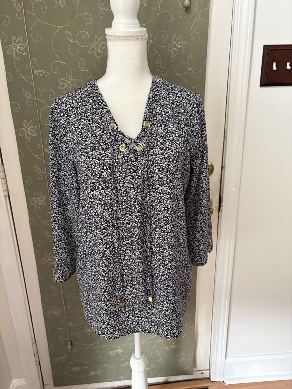 Michael Kors Black & White Floral V-Neck Tunic with Grommet Tie